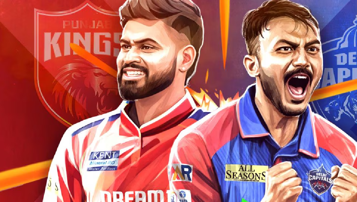 Punjab Kings vs Delhi Capitals IPL 2026 મેચ દરમિયાન બેટ્સમેન શોટ રમતો દ્રશ્ય